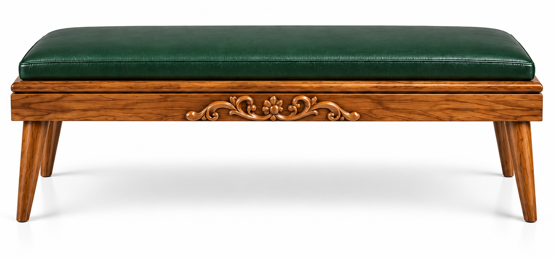 Carved Bench with Emerald Green Upholstered Seat