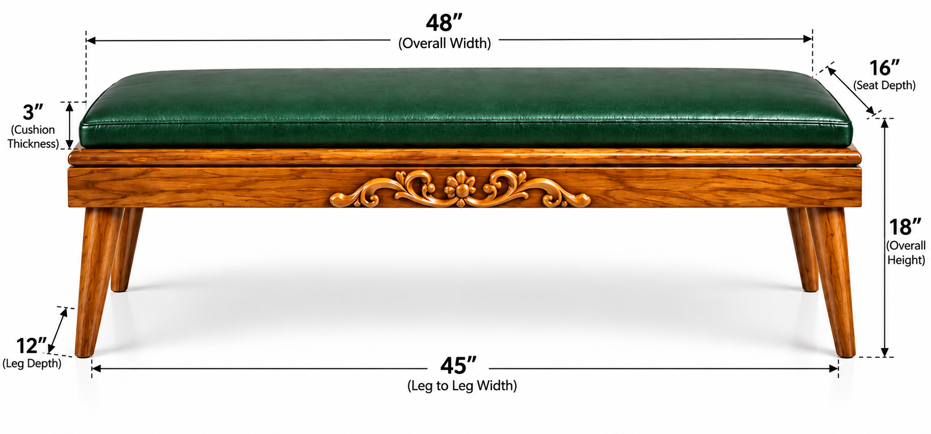 Carved Bench with Emerald Green Upholstered Seat thumbnail 7